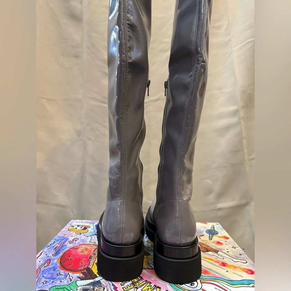 Jeffrey Campbell Tanked Over-the-Knee Patent Platform Boots Gray Size 9